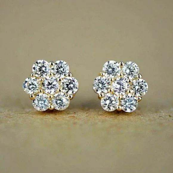 Authentic Solid 14k Gold Cluster Stud Earrings White Stones Medium- 8mm x 3mm